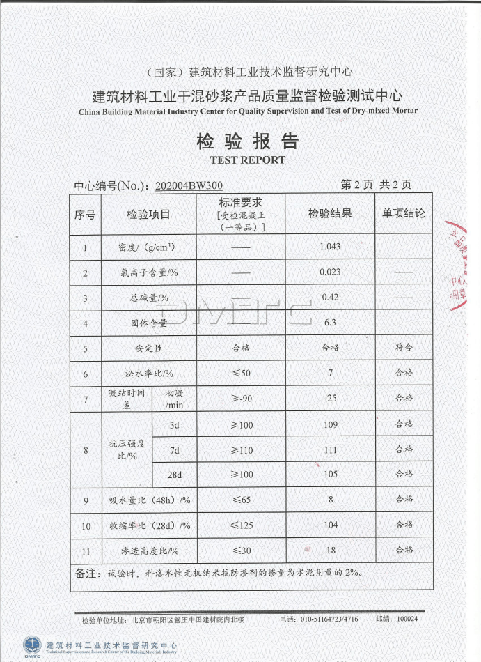 無機納米抗裂劑檢測參數(shù)